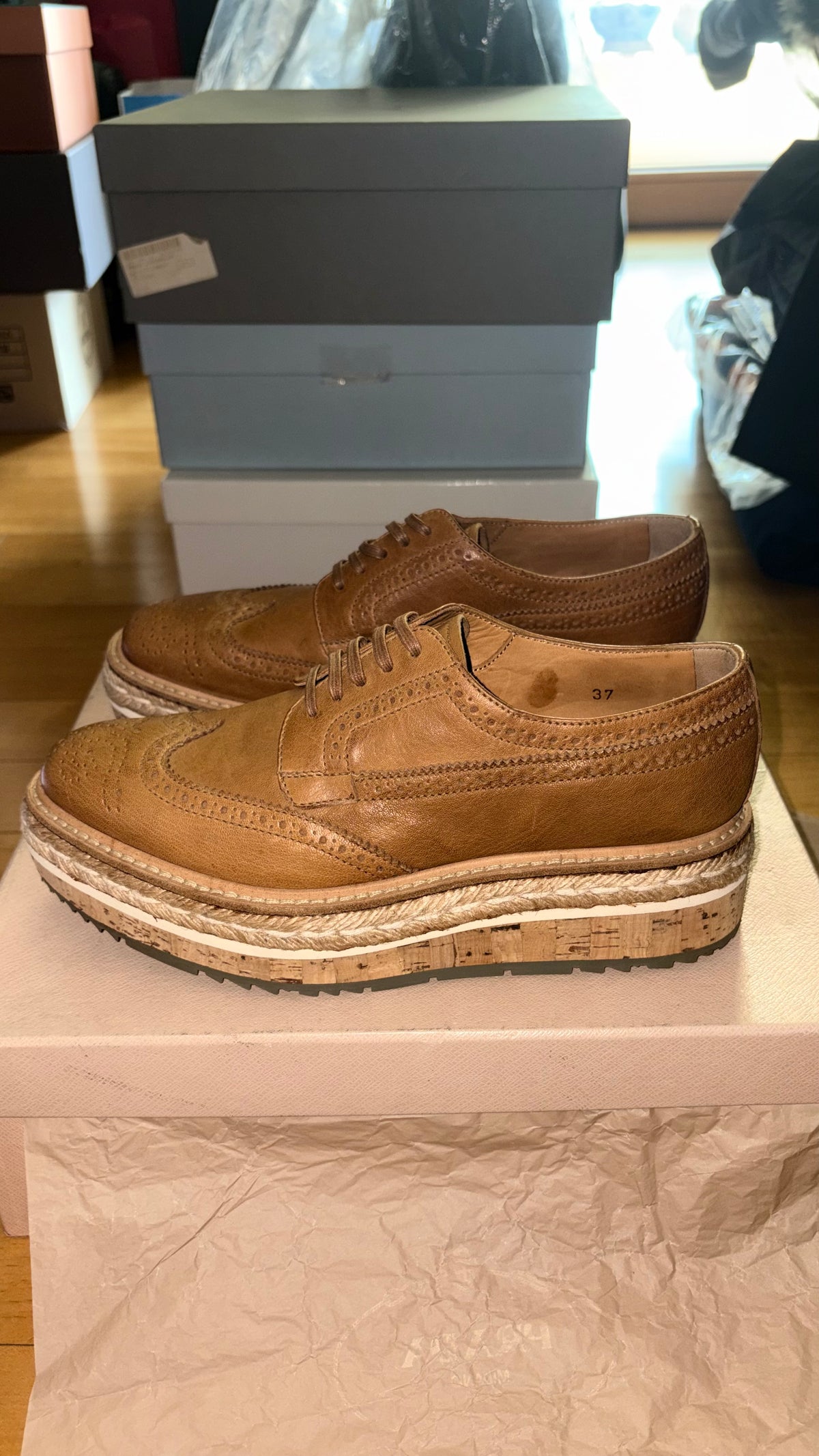 [정품][새상품] PRADA 여성 브로그 에스파드리유 슈즈 1E544D NATURALE EU37 235-240mm
