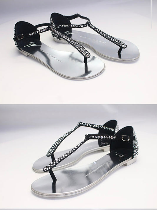 [정품][새상품] GIUSEPPE ZANOTTI 여성 크리스탈 T스트랩 플랫 샌들 블랙/실버 EU 36(230mm)