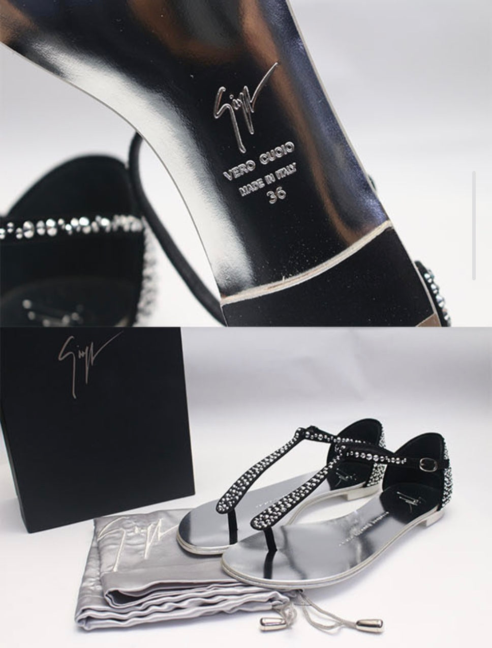 [정품][새상품] GIUSEPPE ZANOTTI 여성 크리스탈 T스트랩 플랫 샌들 블랙/실버 EU 36(230mm)