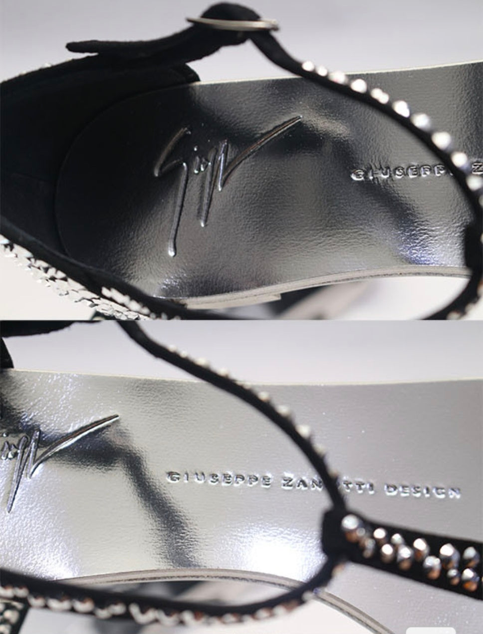 [정품][새상품] GIUSEPPE ZANOTTI 여성 크리스탈 T스트랩 플랫 샌들 블랙/실버 EU 36(230mm)